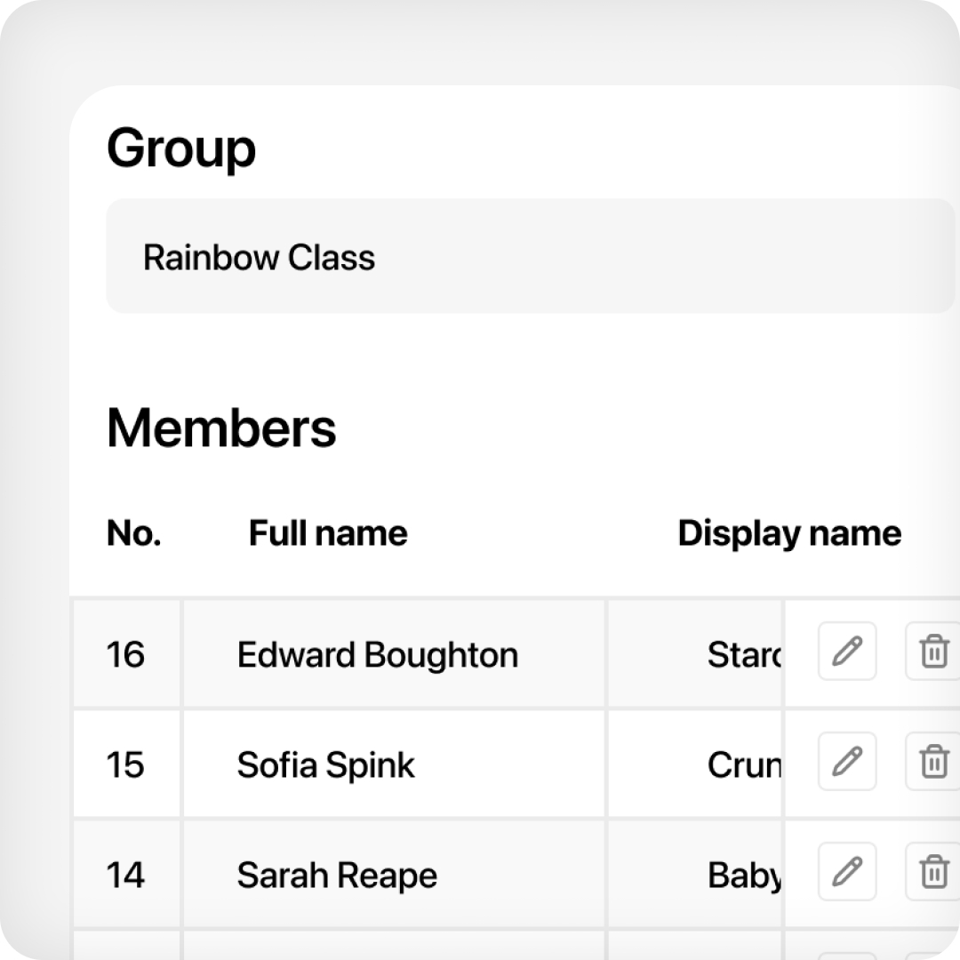 image of a group set up screen, including name of the group, and individual participants