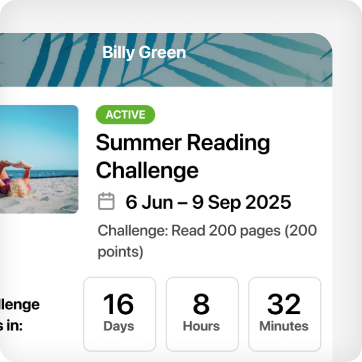 image of a summer reading challenge card showing the date range and challenge details
