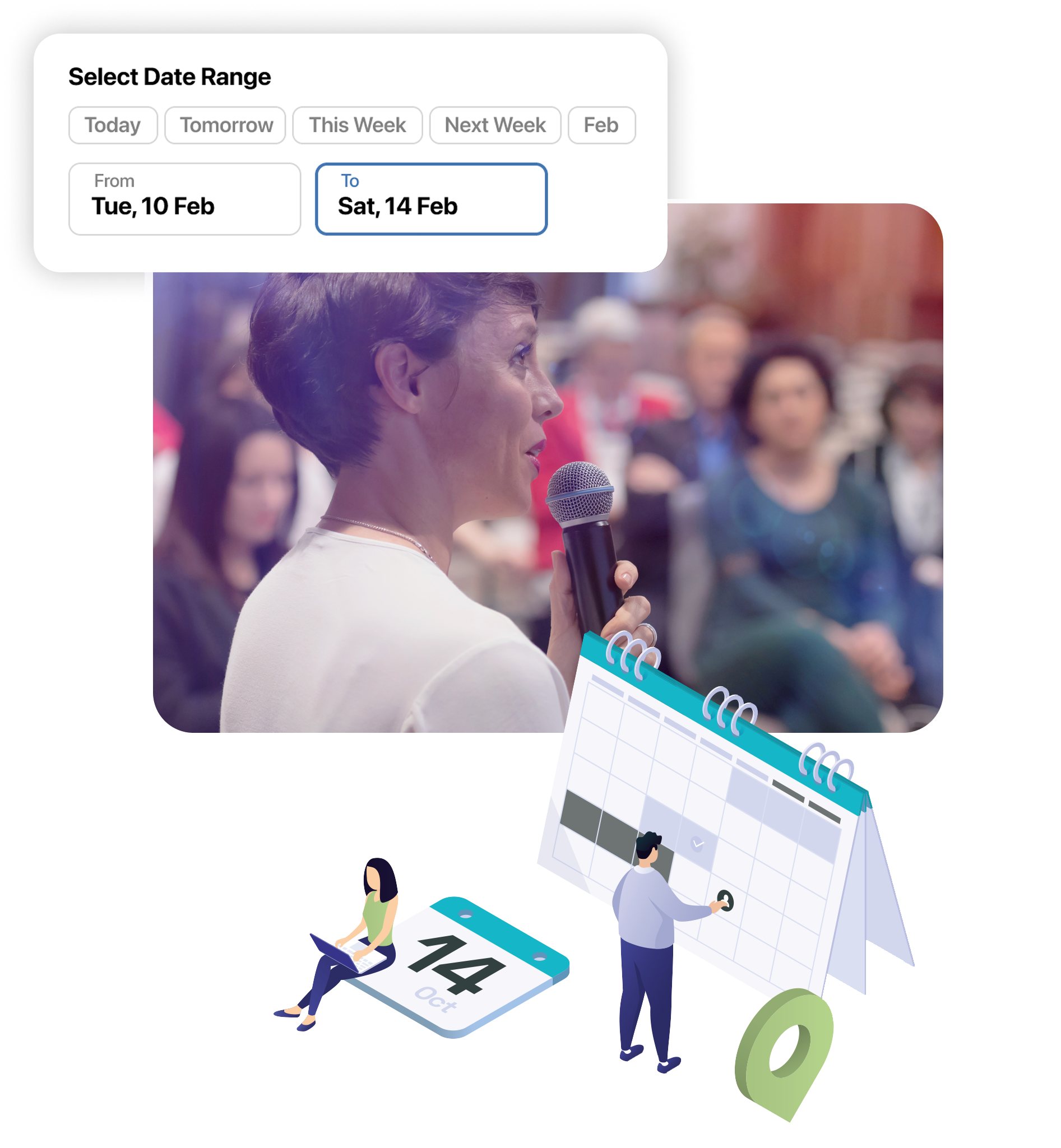 selection of overlapping images of attend including a woman speaking into a mirco-phone at an event
