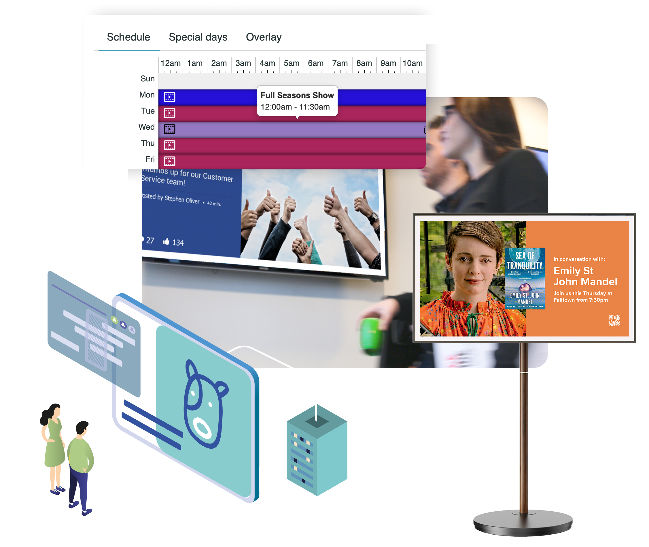 overlapping images of broadcast displays on screens along with a timeline schedule