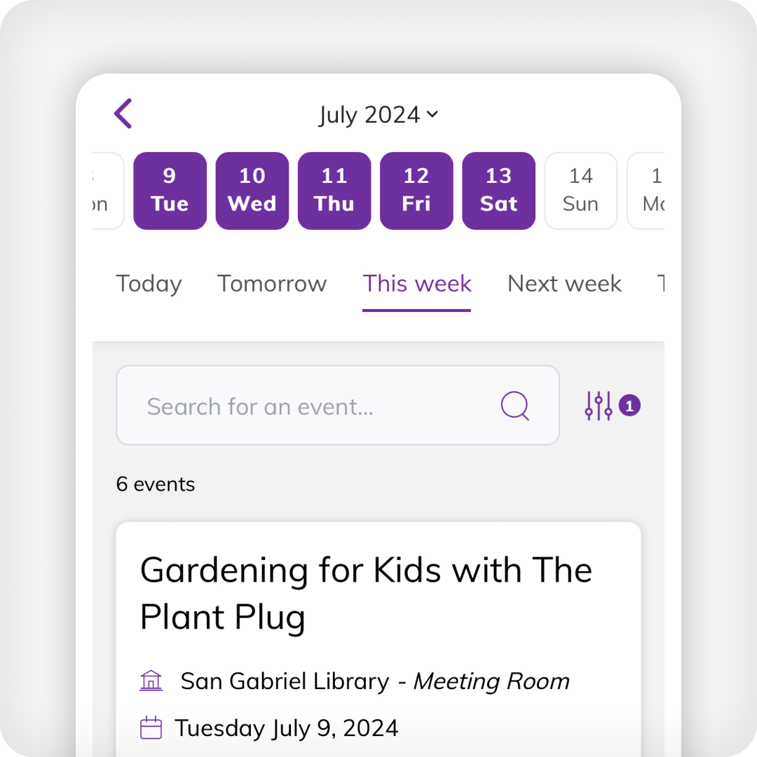 image of an events calendar on the roam app