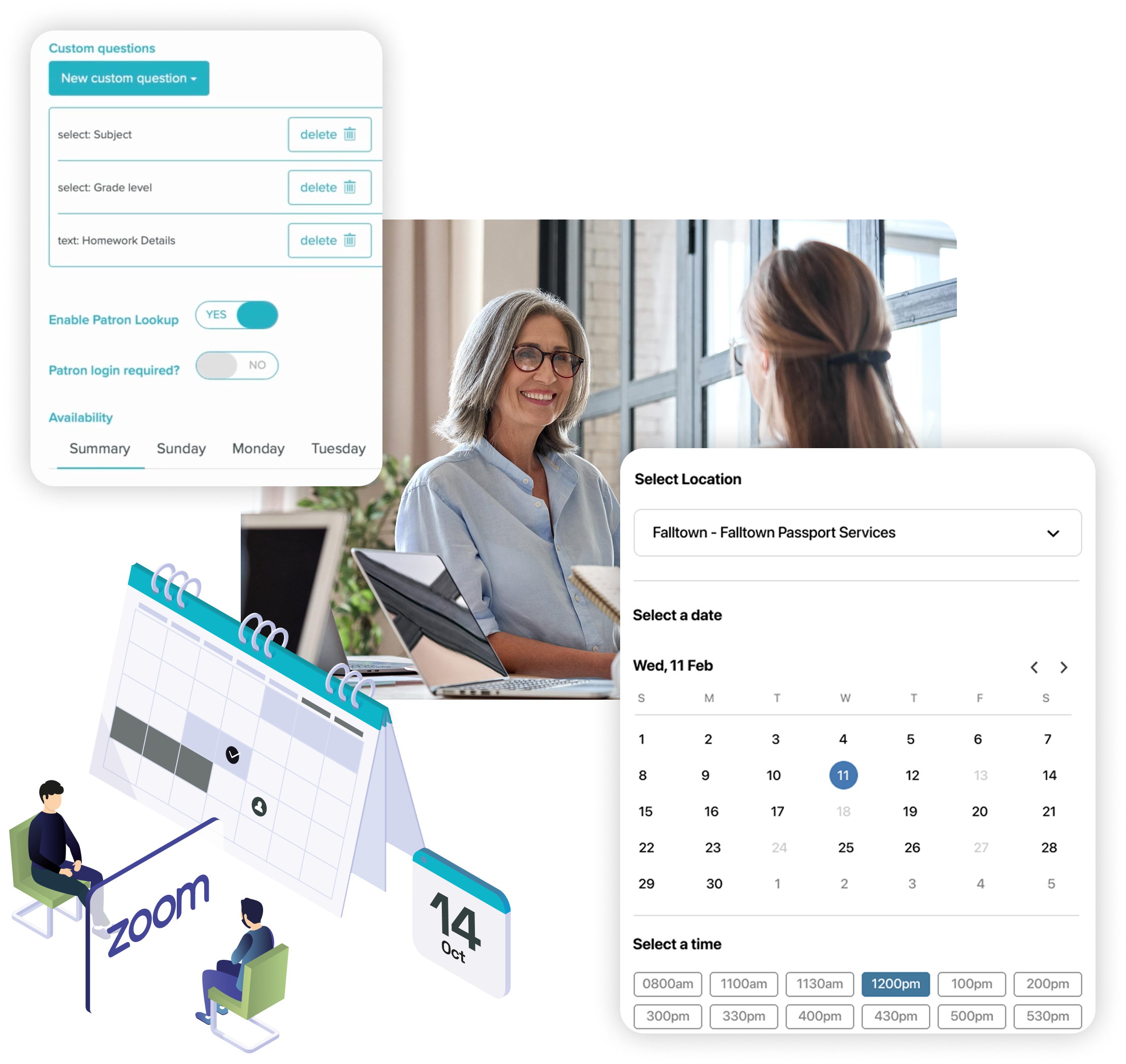 overlapping images of schedule including a calendar date selector and custom question forms